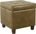 Leatherette Tufted Square Storage Ottoman with Hinged Lid, Brown Small