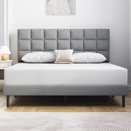 Twin Bed Frame Upholstered Platform with Headboard and Strong Wooden Slats