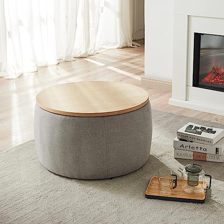 Modern Round Storage Ottoman with Wooden Lid