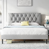 Queen Size Platform Bed Frame with Adjustable Headboard, Linen Fabric Wrap, Strong Frame and Wooden Slats Support