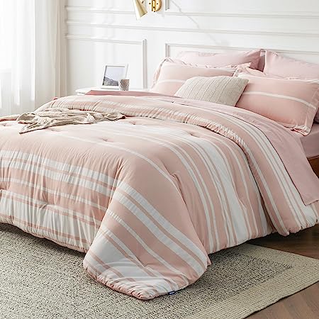 Bed in a Bag Twin Size 5 Pieces, Khaki White Striped Bedding Comforter Sets All Season Bed Set