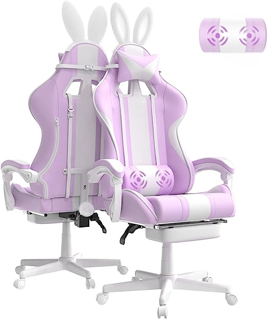 Light Blue Gaming Chair with Bunny Ear, Cute Massage Gaming Chairs for Adults & Teens