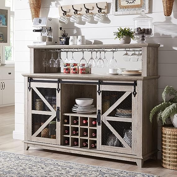 Coffee Bar Cabinet with Storage, 55" Farmhouse Kitchen Buffet Sideboard