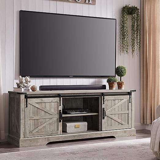 Farmhouse TV Stand for 75 Inch TV with Sliding Barn Door, Entertainment Center