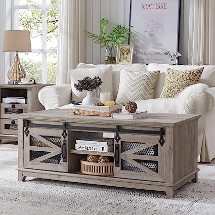 48'' Coffee Table with Storage & Sliding Barn Doors, Farmhouse & Industrial Center Table w/Adjustable Shelves