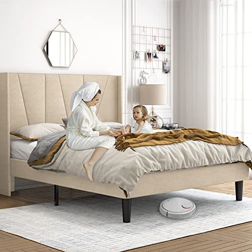 Light Beige Upholstered Bed Frame with Modern Wingback Headboard