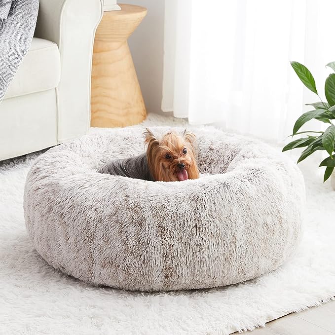 Calming Dog Bed Cat Bed Donut, Faux Fur Pet Bed Self-Warming Donut Cuddler