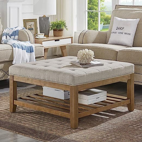 Large Square Upholstered Tufted Linen Ottoman Coffee Table