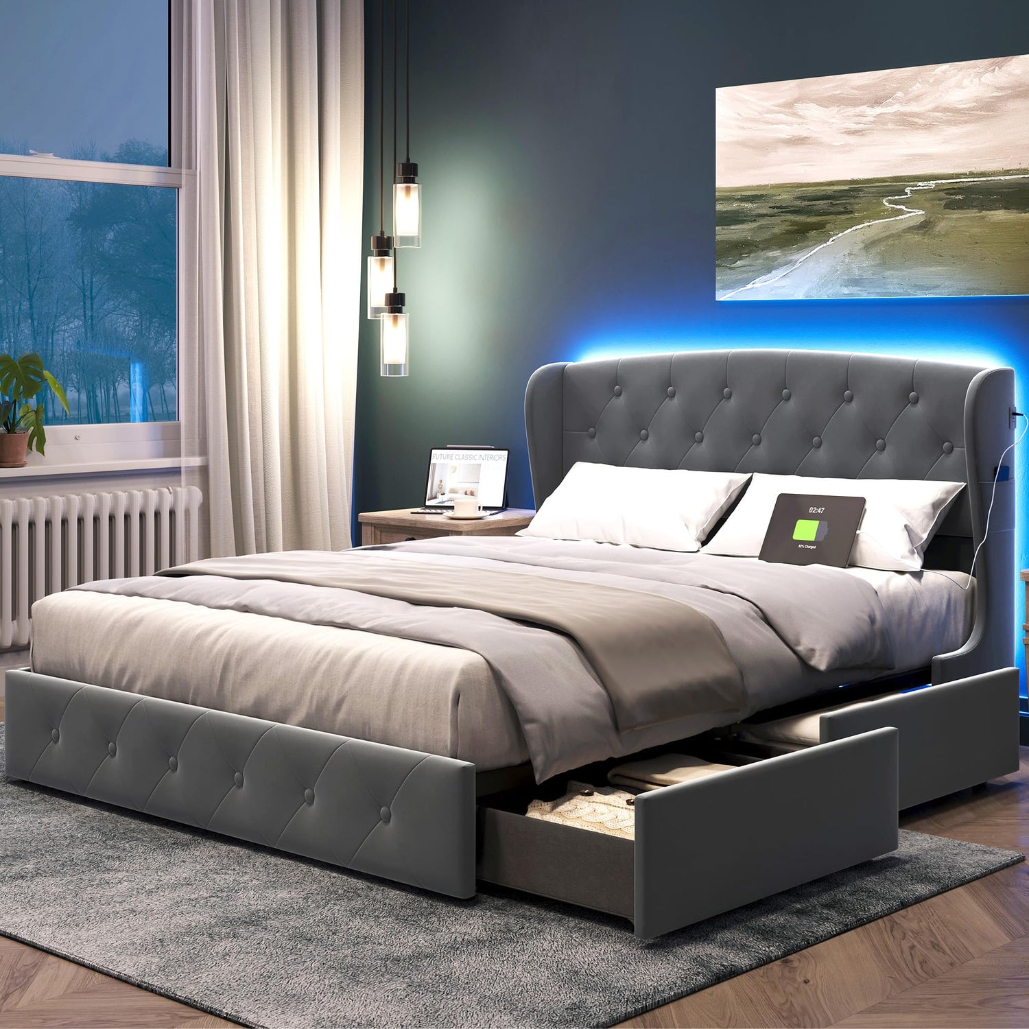 LumeRest LED Bed with RGB Lights and Storage Drawers in Dark Grey