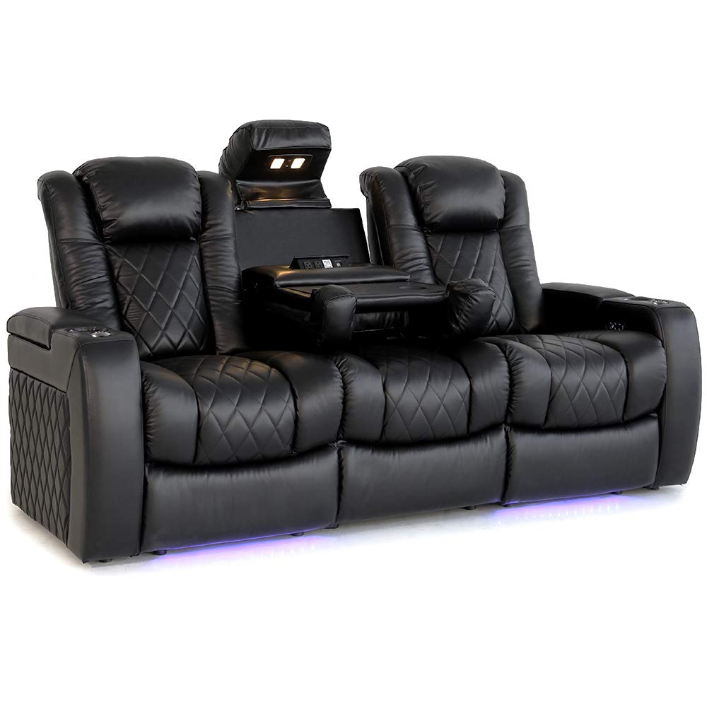LuxeVibe 3-Seat Home Theater Recliner in Black Nappa Leather