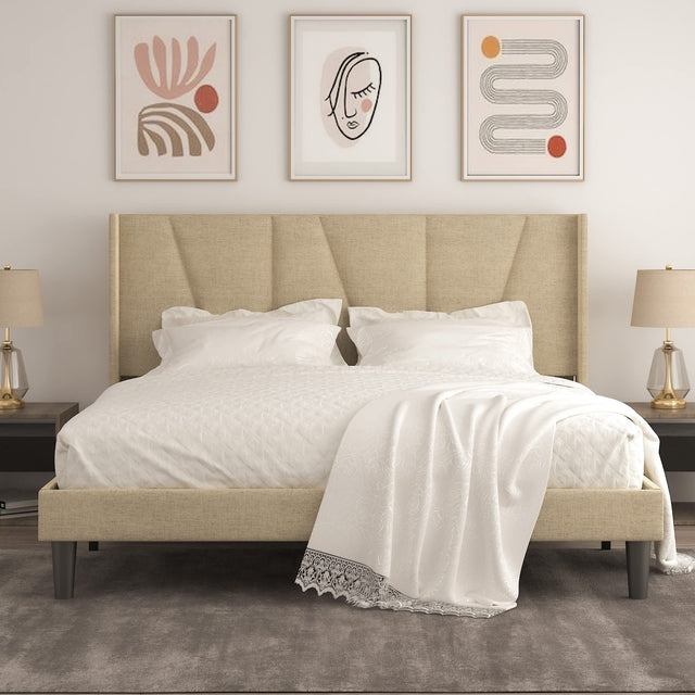 Luxury Wingback Bed Frame with Soft Upholstered Headboard – King Size