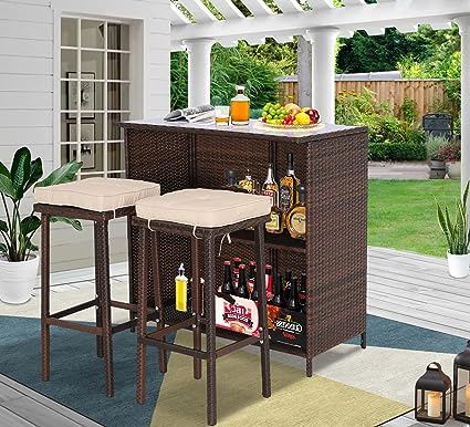 3 Piece Outdoor Rattan Wicker Bar Set with 2 Cushions Stools