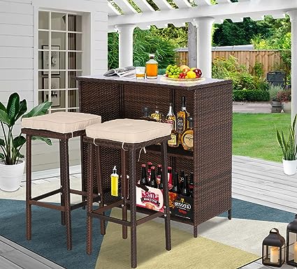 3 Piece Outdoor Rattan Wicker Bar Set with 2 Cushions Stools and Glass Top Table Patio