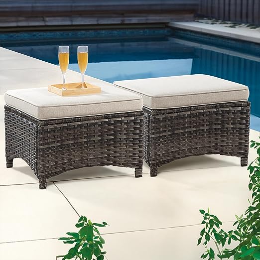 Outdoor Ottomans for Patio Set of 2 PE Wicker Steel Frame Outdoor Footstool