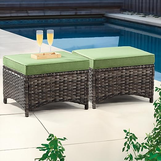 Outdoor Ottomans for Patio Set of 2 PE Wicker Steel Frame Outdoor Footstool