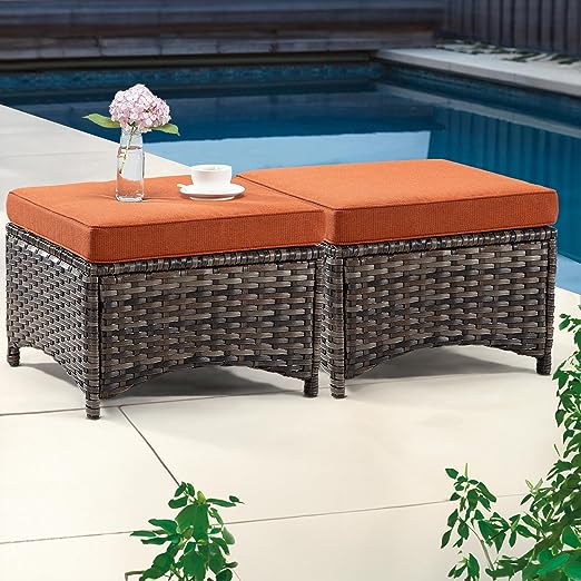 Outdoor Ottomans for Patio Set of 2 PE Wicker Steel Frame Outdoor Footstool