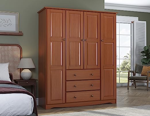 100% Solid Wood Family Wardrobe/Armoire/Closet, Mocha. 3 Clothing Rods Included