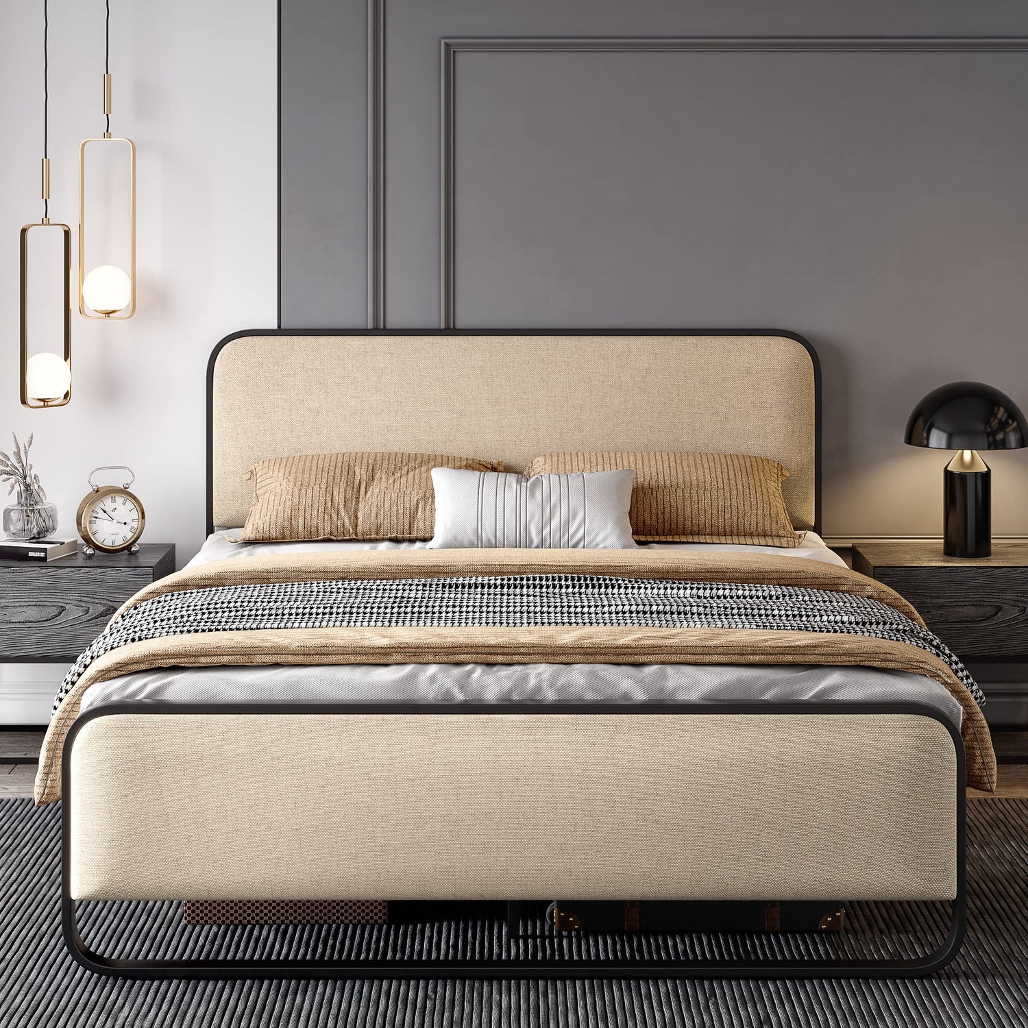 Modern Queen Size Platform Bed with Padded Headboard