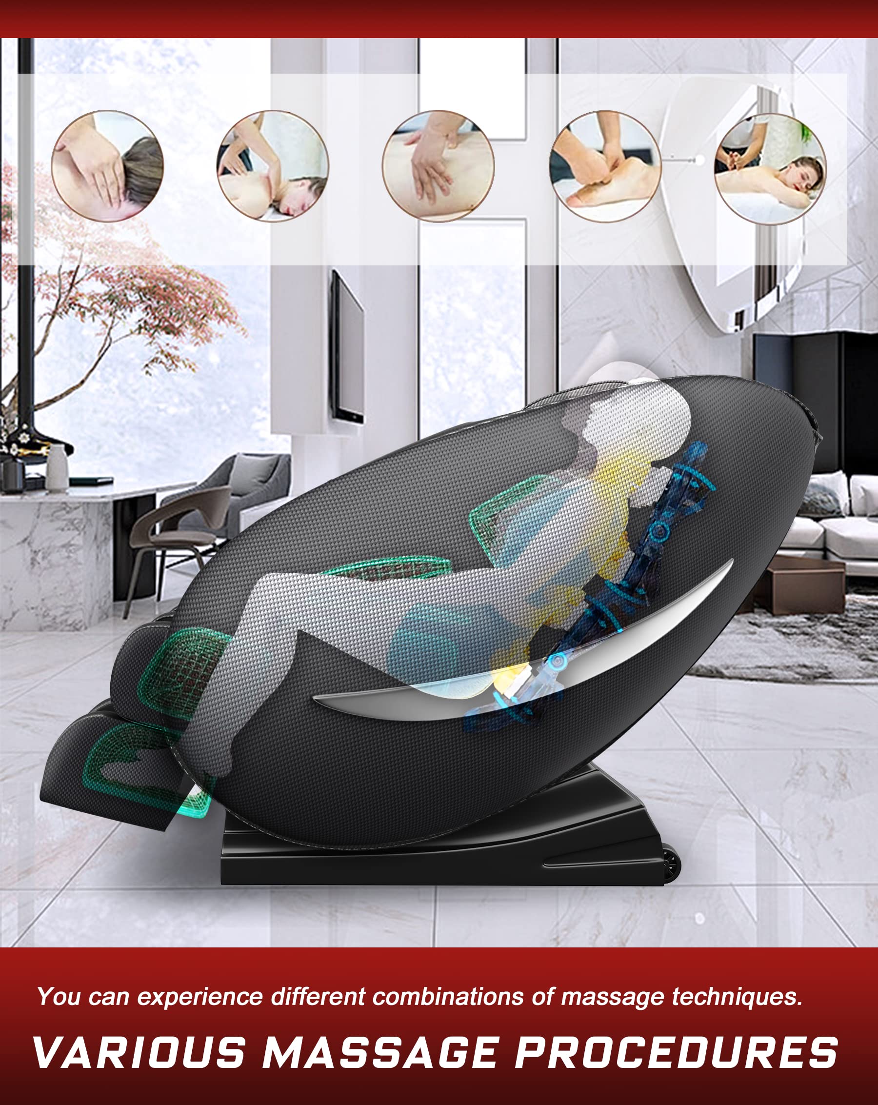 Modern black massage rocker recliner with various massage procedures, zero gravity design, and advanced relaxation features.