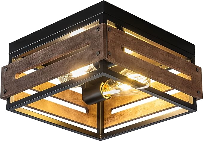Flush Mount Light Fixture, 2-Light Rustic Ceiling Light Combine with Metal and Wood Frame