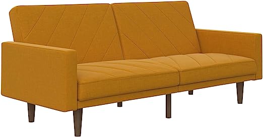 Paxson Convertible Futon Couch Bed with Linen Upholstery and Wood Legs