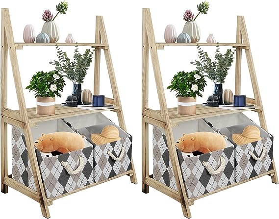Rustic 3-Tier Wooden Ladder Shelf – Small Storage Stand with Baskets