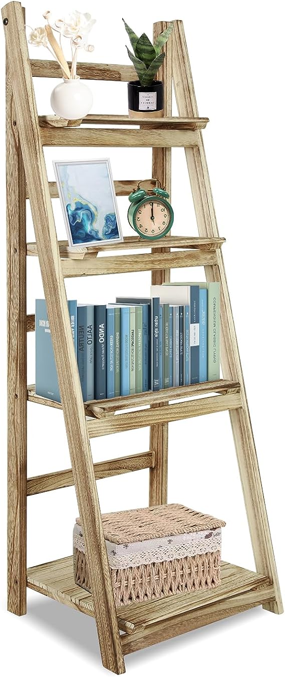 Ladder Shelf, 4-Tier Ladder Bookshelf, Black Bookcase with Shelves, Storage Rack Plant Stand