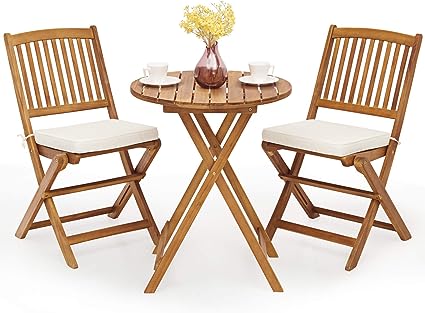 3Pcs Patio Bistro Set, Wood Folding Table Set, 2 Cushioned Chairs