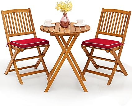 3Pcs Patio Bistro Set, Wood Folding Table Set, 2 Cushioned Chairs