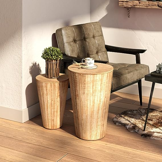 Tree Stump End Table Set of 2, Multiple Styling Layout with Wood Tree Ring Pattern