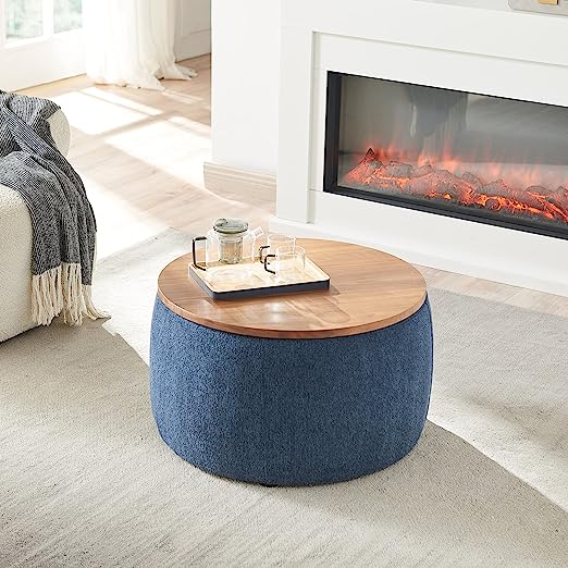 Modern Round Storage Ottoman with Wooden Lid