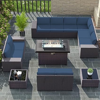 Outdoor Patio Furniture Set with Propane Fire Pit Table, 13 Pieces Outdoor Furniture