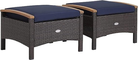 2 Piece Patio Rattan Ottomans, Wicker Footstool w/Acacia Wood Handles