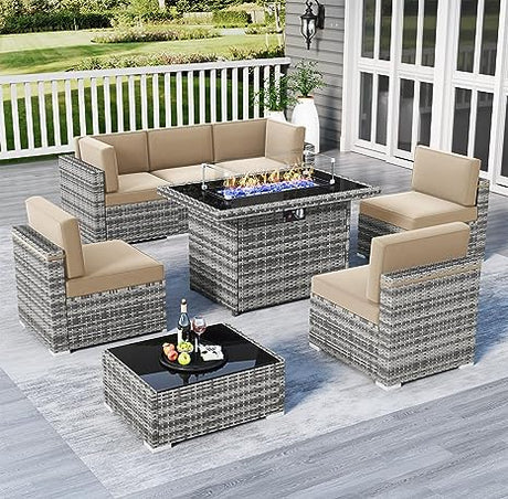 8 Pieces Outdoor Patio Furniture Set with 44" Fire Pit Table Brown Rattan