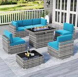 8 Pieces Outdoor Patio Furniture Set with 44" Fire Pit Table Brown Rattan