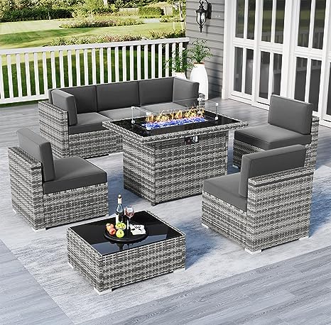 8 Pieces Outdoor Patio Furniture Set with 44" Fire Pit Table Brown Rattan