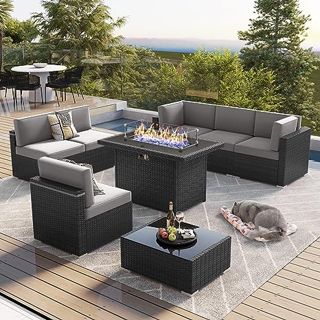 8 Pieces Outdoor Patio Furniture Set with 44" Fire Pit Table Brown Rattan