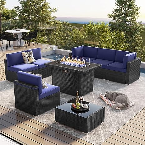 8 Pieces Outdoor Patio Furniture Set with 44" Fire Pit Table Brown Rattan