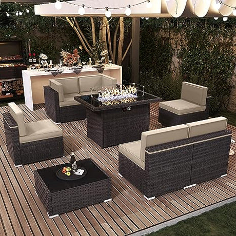 8 Pieces Outdoor Patio Furniture Set with 44" Fire Pit Table Brown Rattan