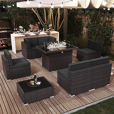 8 Pieces Outdoor Patio Furniture Set with 44" Fire Pit Table Brown Rattan