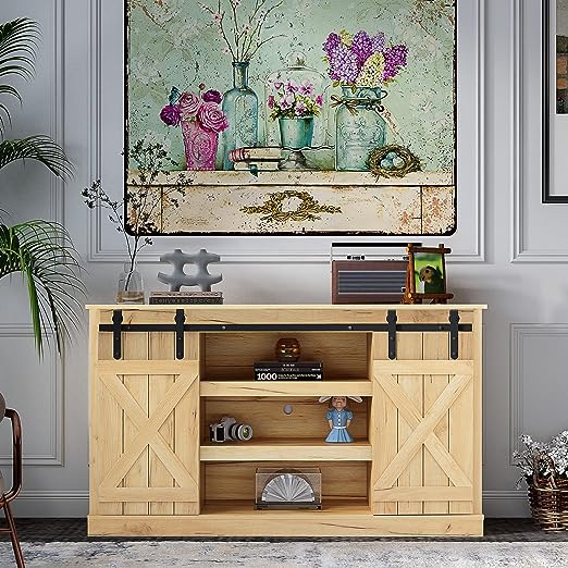 TV Stand with Sliding Barn Door, Entertainment Console Center for TV