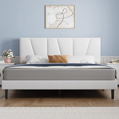 Queen Bed Frame Upholstered Platform with Headboard and Strong Wooden Slats