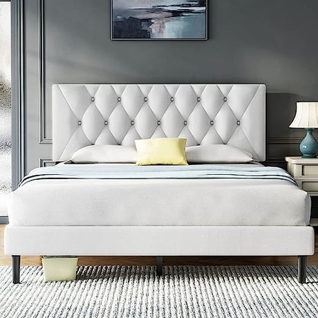 Queen Size Platform Bed Frame with Adjustable Headboard, Linen Fabric Wrap, Strong Frame and Wooden Slats Support