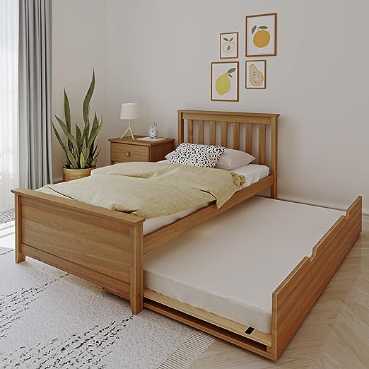 Twin Bed, Wood Bed Frame with Headboard For Kids with Trundle