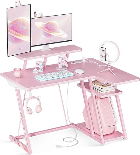 Gaming Desk L Shaped, Small Corner Desk with Storage Shelf & Power Outlets