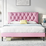 Queen Size Platform Bed Frame with Adjustable Headboard, Linen Fabric Wrap, Strong Frame and Wooden Slats Support