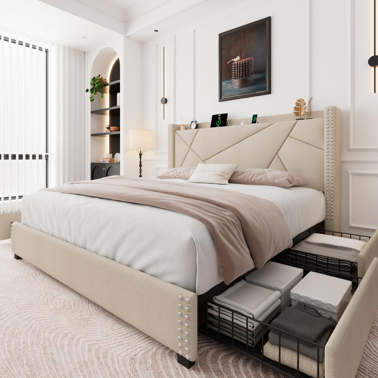 Platform Bed with 4 Storage Drawers - Modern Design
