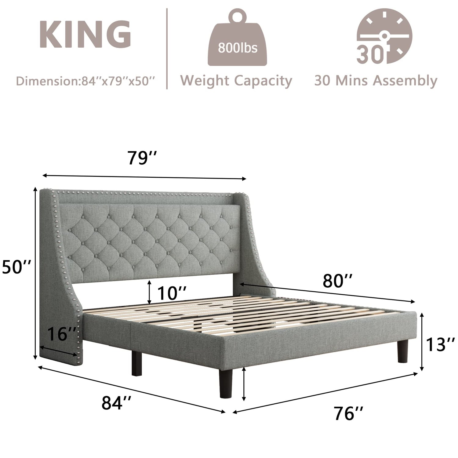 Platform Bed with Diamond-Tufted Headboard Dimensions