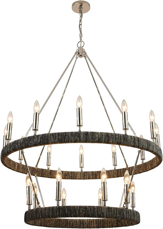 Brass Wagon Wheel Chandelier 2 Tier,Large Farmhouse Light Fixture, Round Rustic Lighting