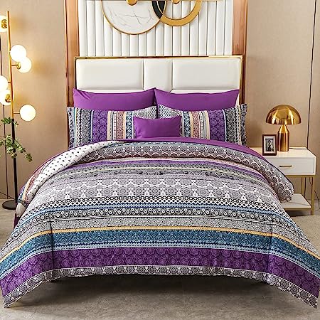 Boho Comforter Set Full Size 8 Piece Bed in a Bag Bohemian Striped Bedding Quilt Set Aqua Paisley